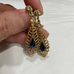Earrings ~Gold tone with white blue crystals